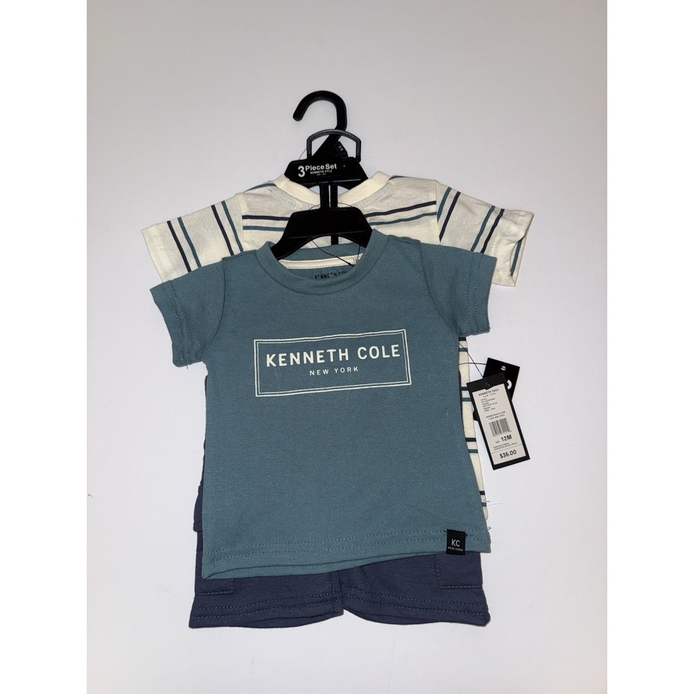 Kenneth Cole Baby Boy Outfit 12M 3 Piece Set Blue Shirt Shorts NWT Matching Set